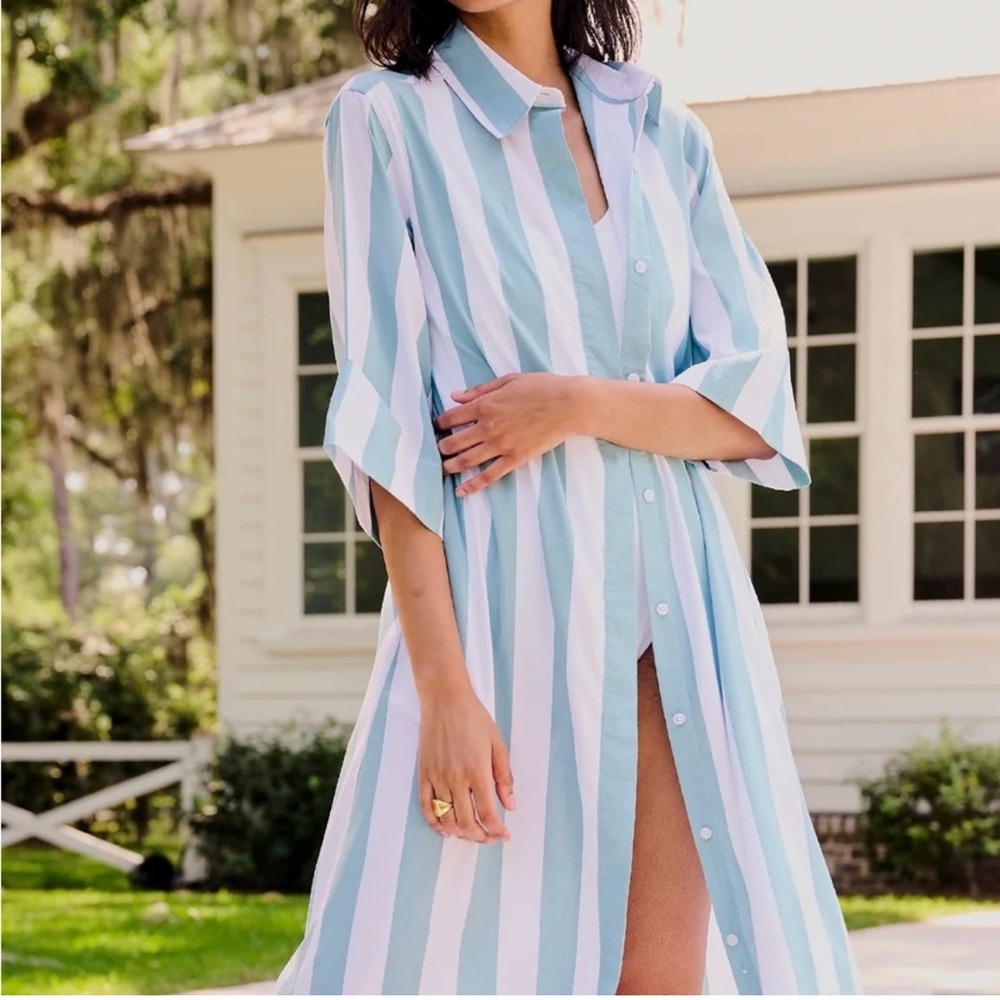 Blue and White Buttoned Tie Front Midi Dress